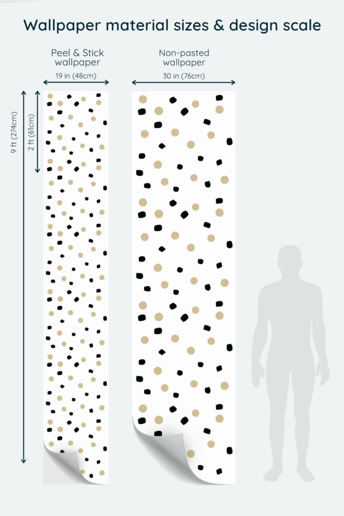 Size comparison of Beige, black and white dots Peel & Stick and Non-pasted wallpapers with design scale relative to human figure