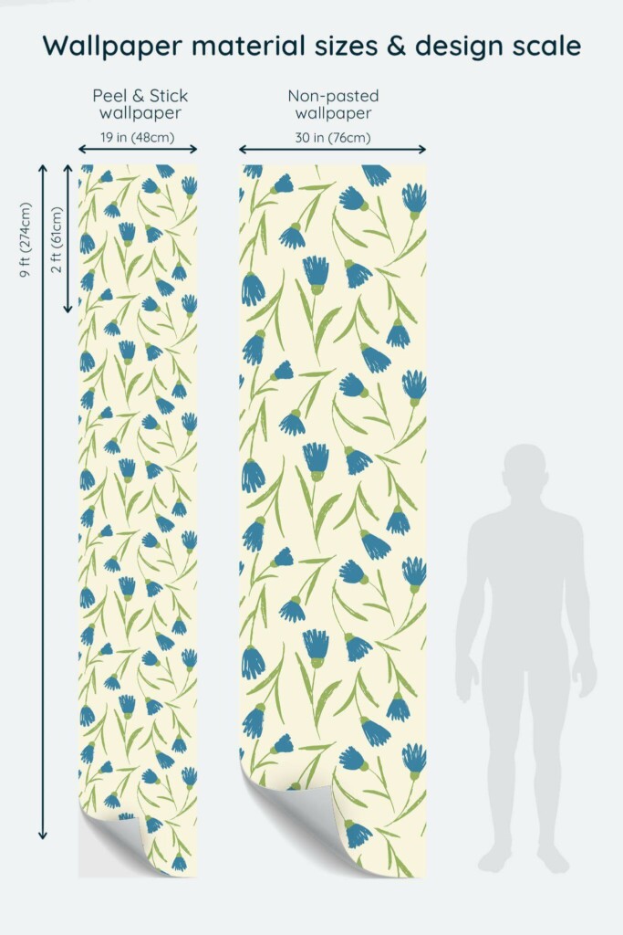 Size comparison of Beige Bloom Peel & Stick and Non-pasted wallpapers with design scale relative to human figure