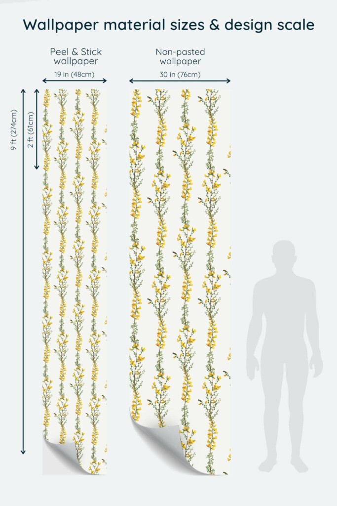 Size comparison of Beige Blooms Peel & Stick and Non-pasted wallpapers with design scale relative to human figure
