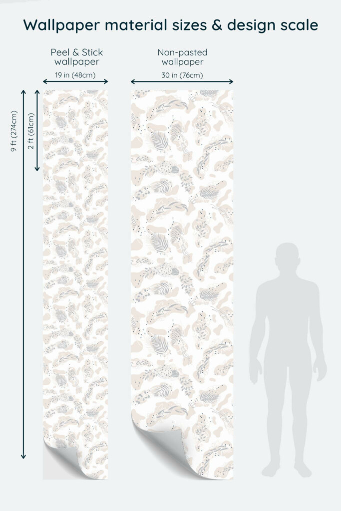 Size comparison of Beige boho leaf Peel & Stick and Non-pasted wallpapers with design scale relative to human figure