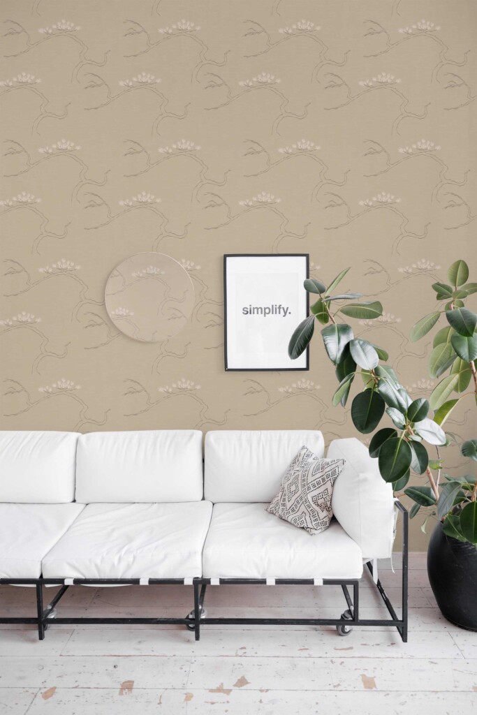 Botanical beige bonsai self-adhesive wallpaper by Fancy Walls. Tan Branching Bonsai wallpaper in collaboration with Dream Green DIY peel and stick or non-pasted