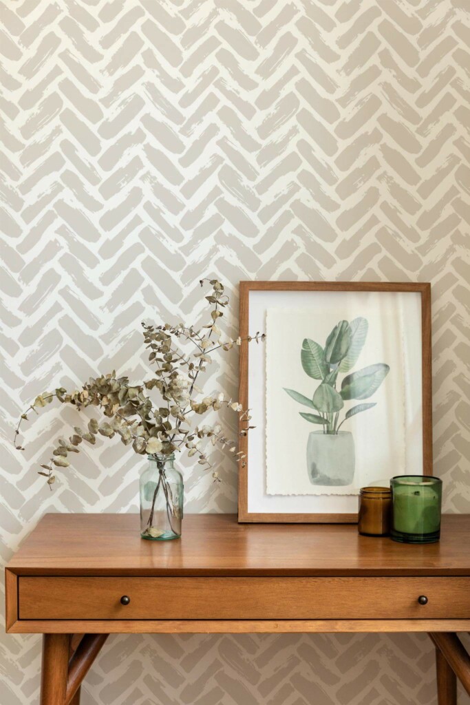 Mid-century modern style living room decorated with Beige Brush stroke herringbone peel and stick wallpaper