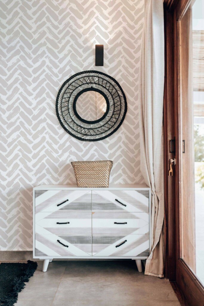 Modern farmhouse style living room decorated with Beige Brush stroke herringbone peel and stick wallpaper