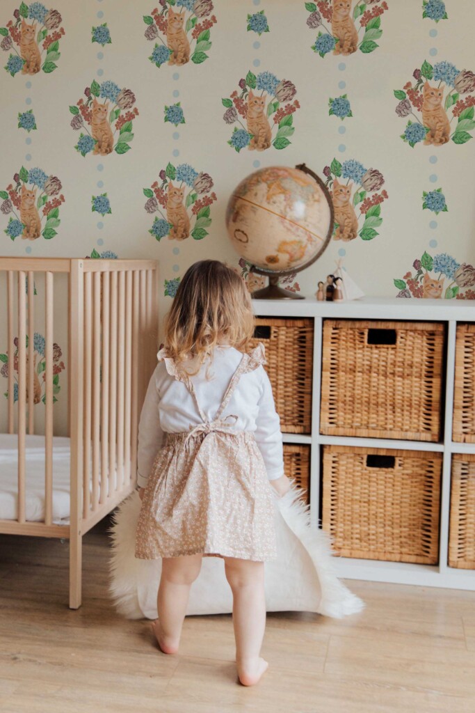 Beige removable wallpaper with kitty and bouquet motif by Fancy Walls