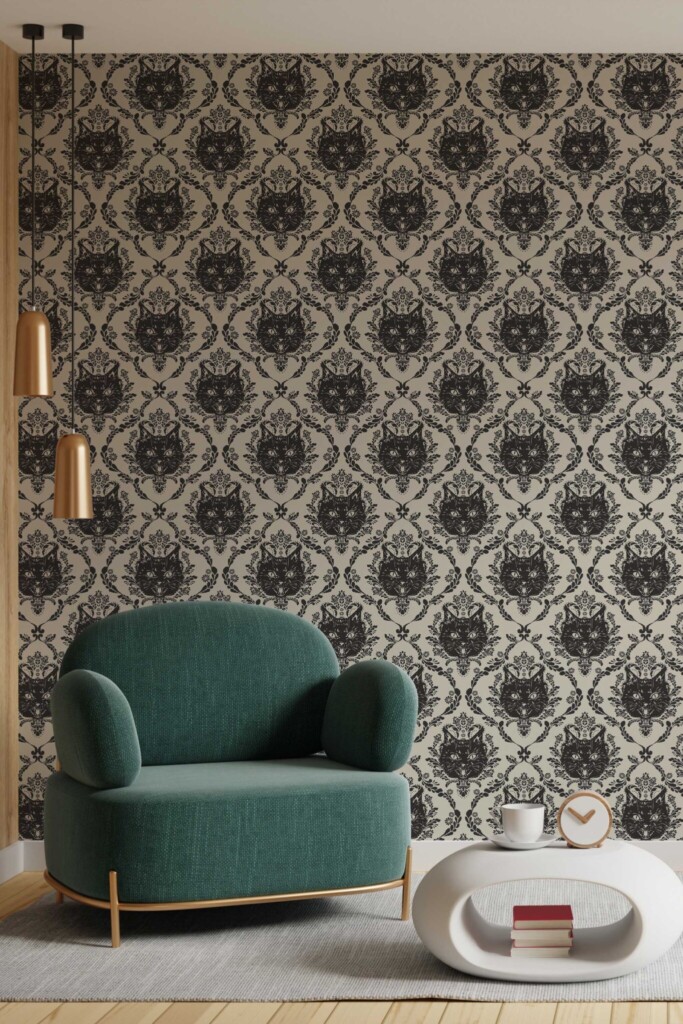 Fancy Walls peel and stick wallpaper with black damask cats in baroque beige pattern