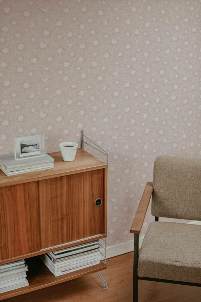 Mid-century style living room decorated with Beige chrysanthemum peel and stick wallpaper