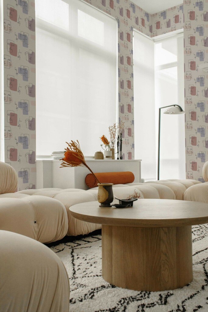 Contemporary style living room decorated with Beige face peel and stick wallpaper
