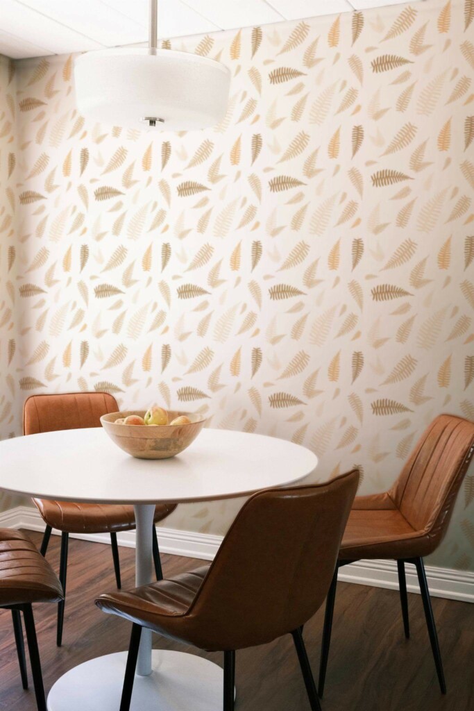 Mid-century modern style dining room decorated with Beige fern leaf peel and stick wallpaper