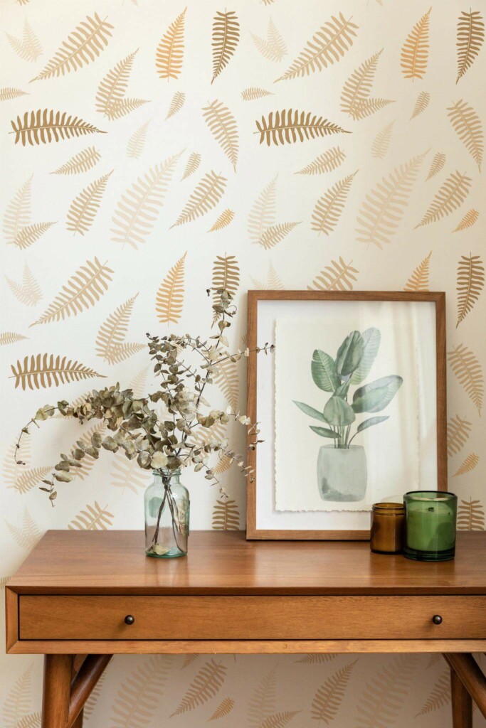 Mid-century modern style living room decorated with Beige fern leaf peel and stick wallpaper