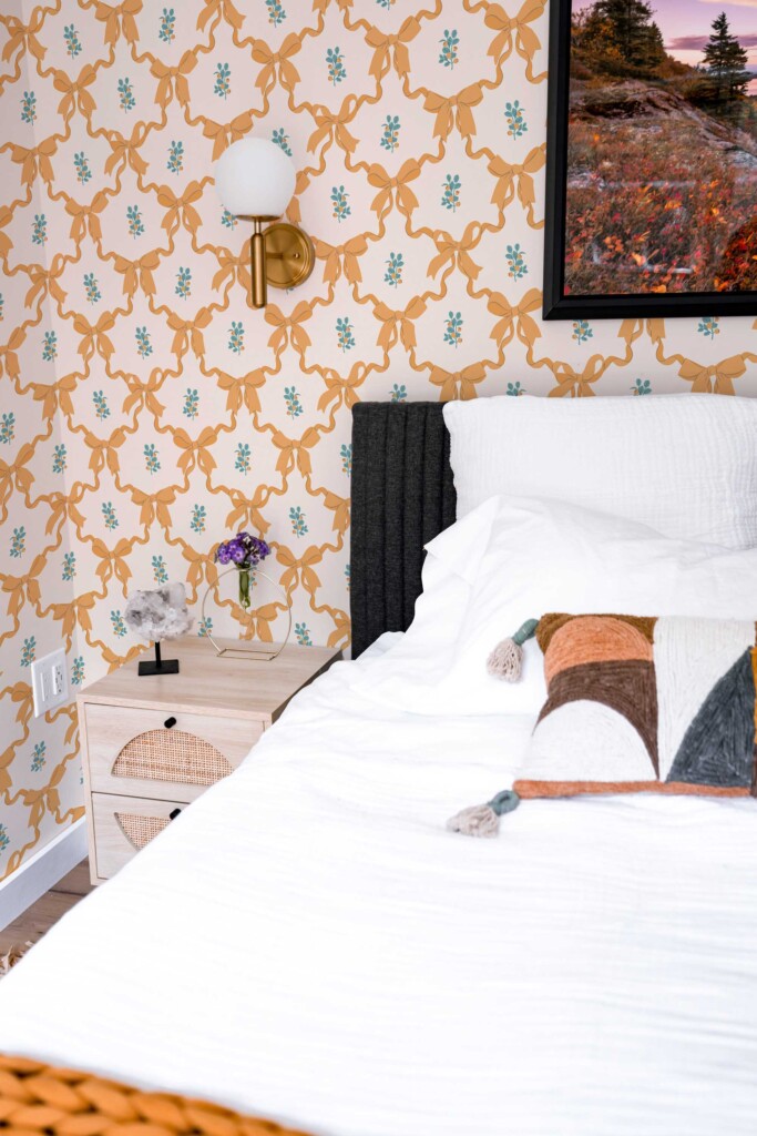 Fancy Walls removable wallpaper with whimsical beige flowers and ribbons. Berry Bows wallpaper peel and stick or non-pasted