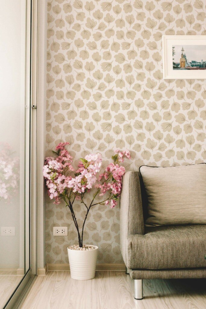 Modern farmhouse style living room decorated with Beige floral peel and stick wallpaper