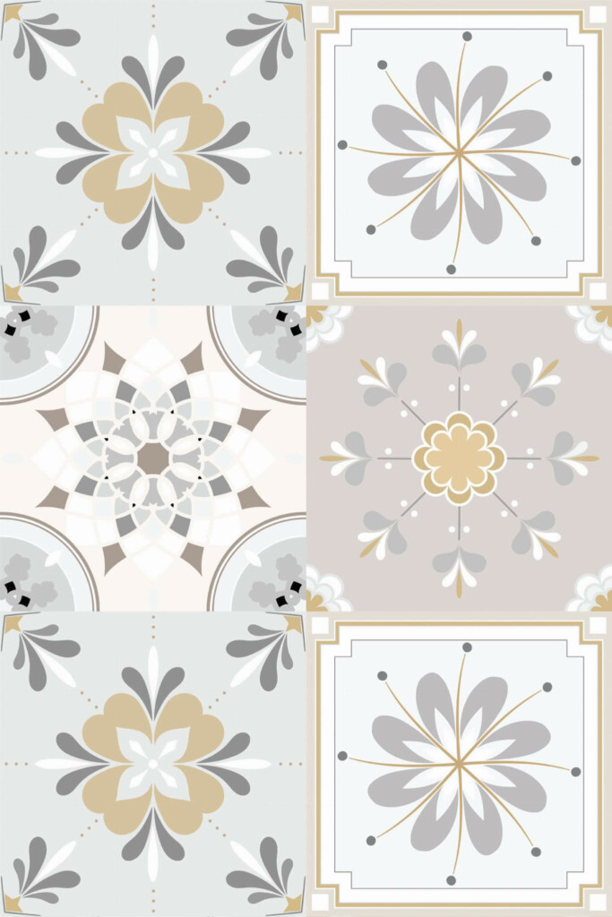 Pattern repeat of Beige floral tile removable wallpaper design