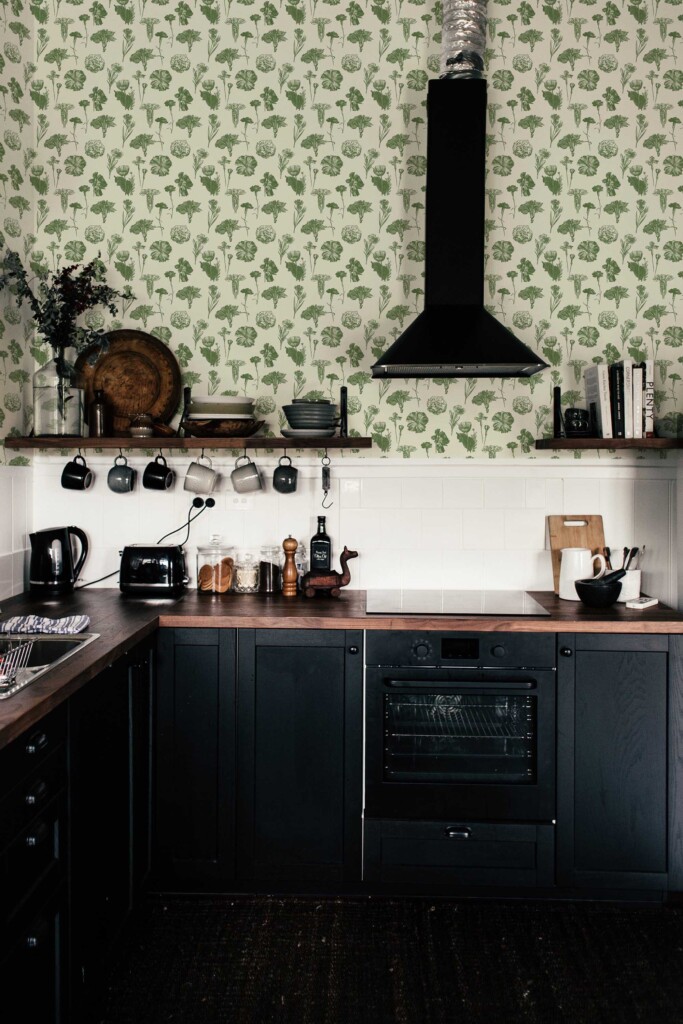 Fancy Walls peel and stick wallpaper in beige floral pattern for kitchen walls