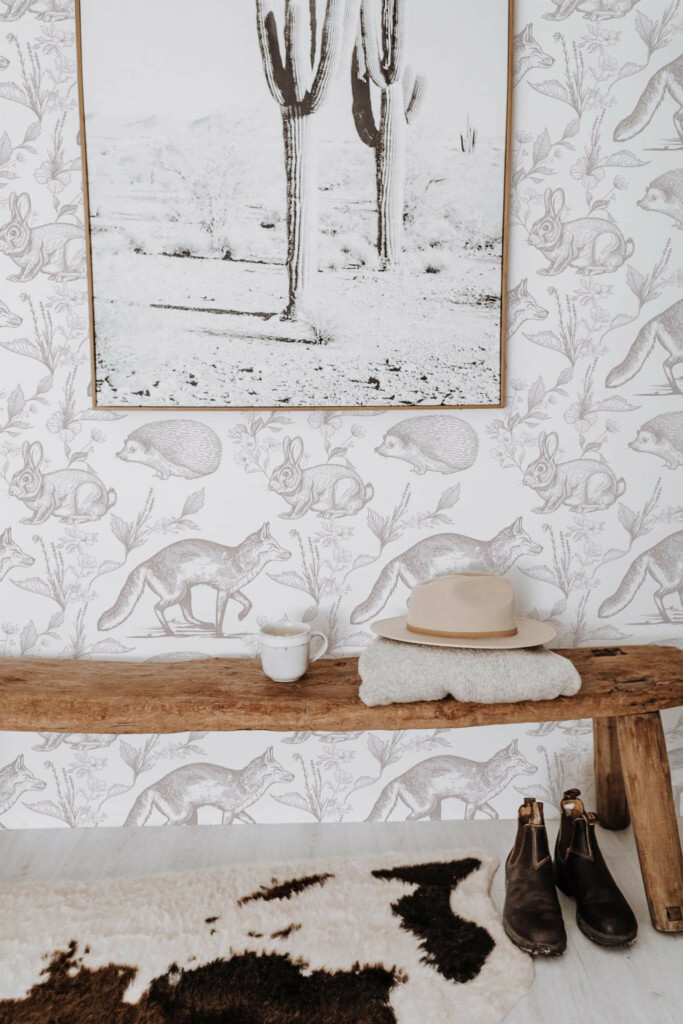 Scandinavian style entryway decorated with Beige forest animal peel and stick wallpaper