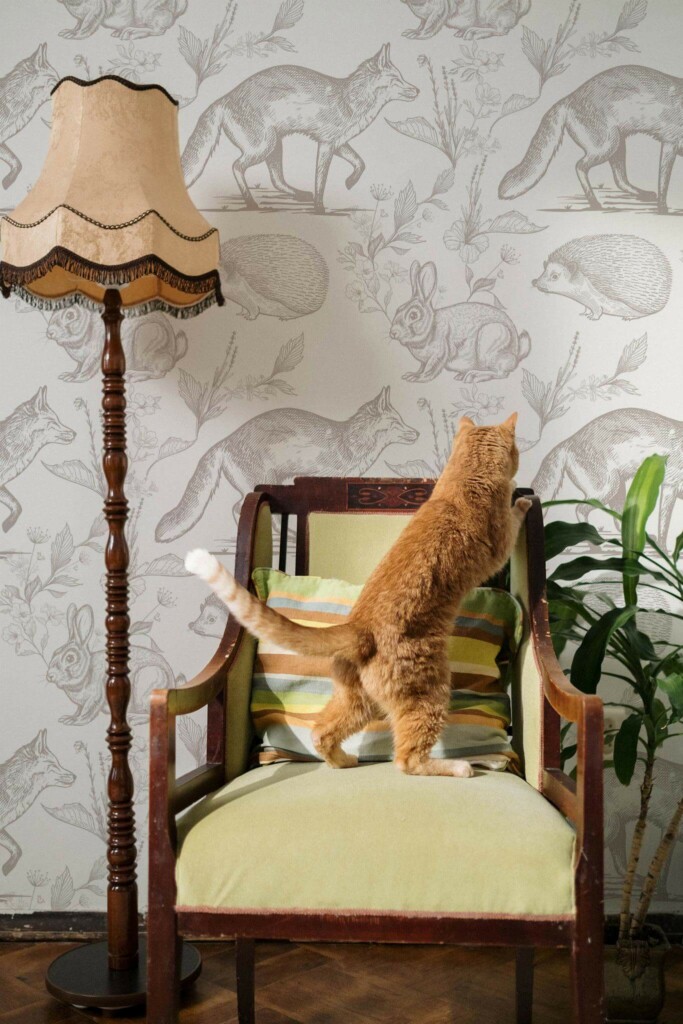 Victorian style living room with a cat decorated with Beige forest animal peel and stick wallpaper