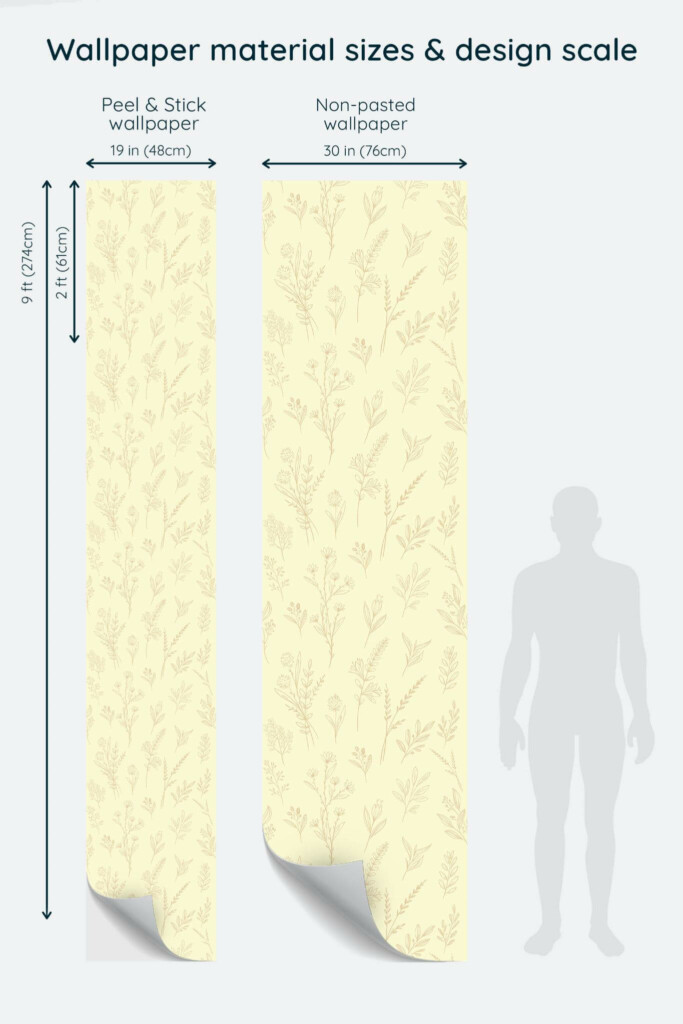 Size comparison of Beige Garden Glory Peel & Stick and Non-pasted wallpapers with design scale relative to human figure