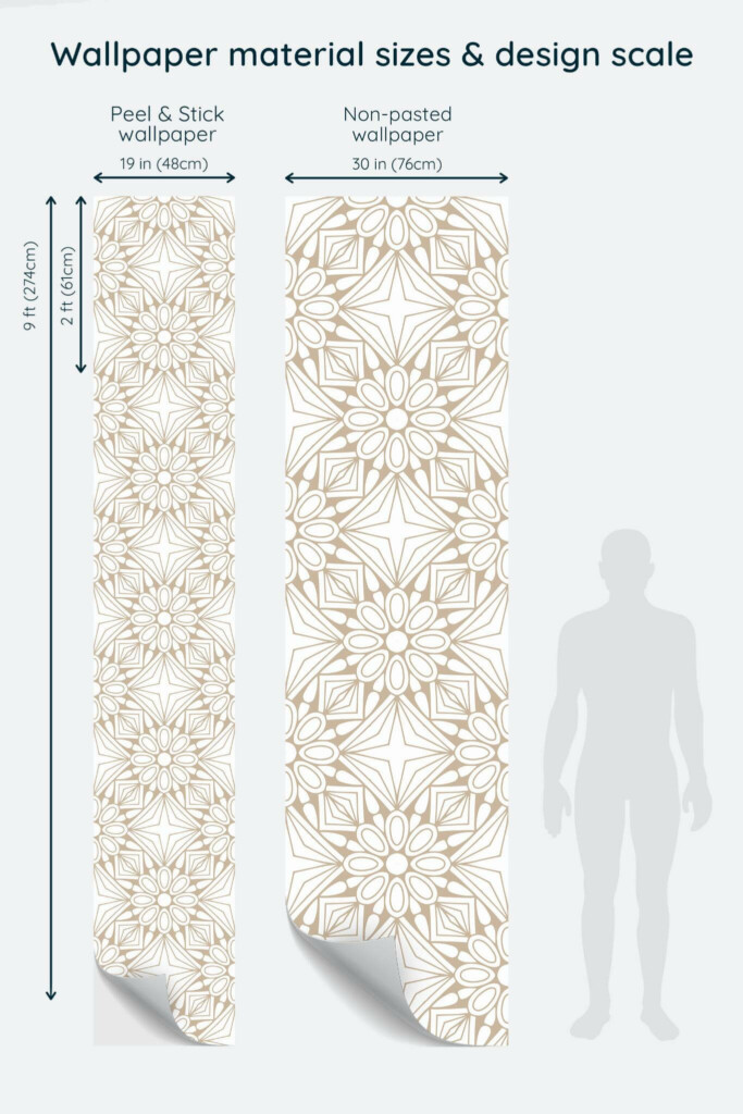 Size comparison of Beige geometric floral Peel & Stick and Non-pasted wallpapers with design scale relative to human figure