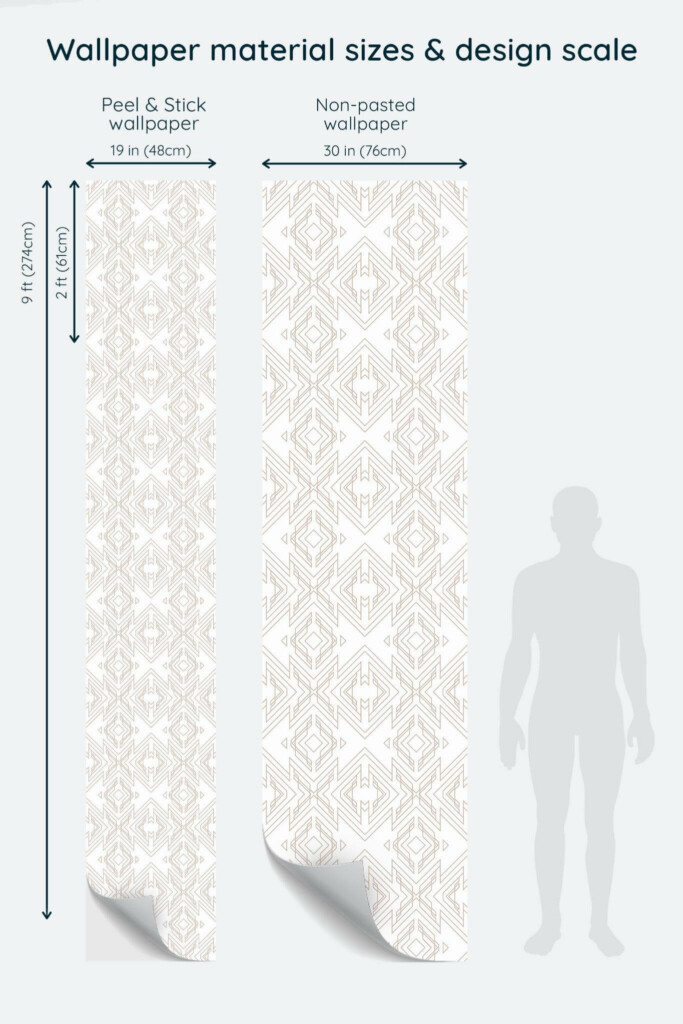 Size comparison of Beige geometric Peel & Stick and Non-pasted wallpapers with design scale relative to human figure