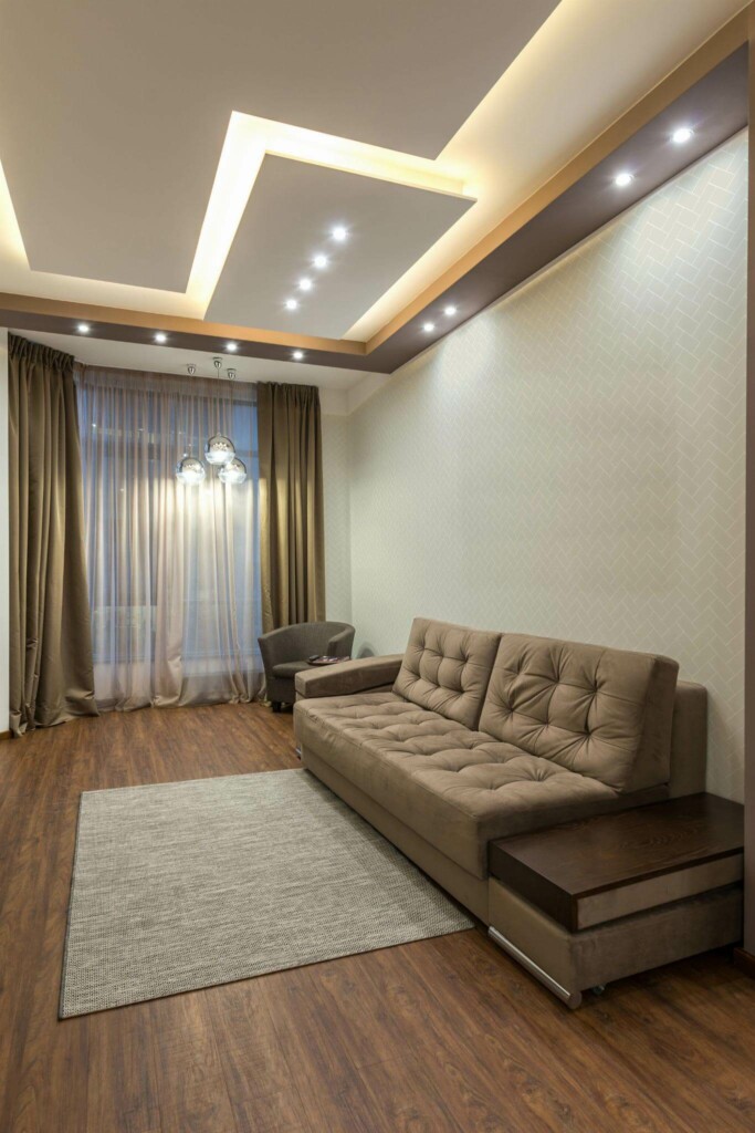 Modern Eastern European style living room decorated with Beige herringbone peel and stick wallpaper