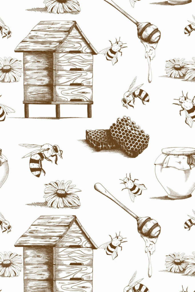 Pattern repeat of Beige honey bee removable wallpaper design