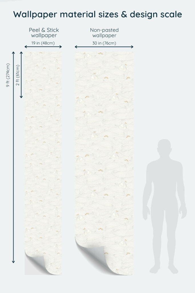 Size comparison of Beige Nursery Voyage Peel & Stick and Non-pasted wallpapers with design scale relative to human figure