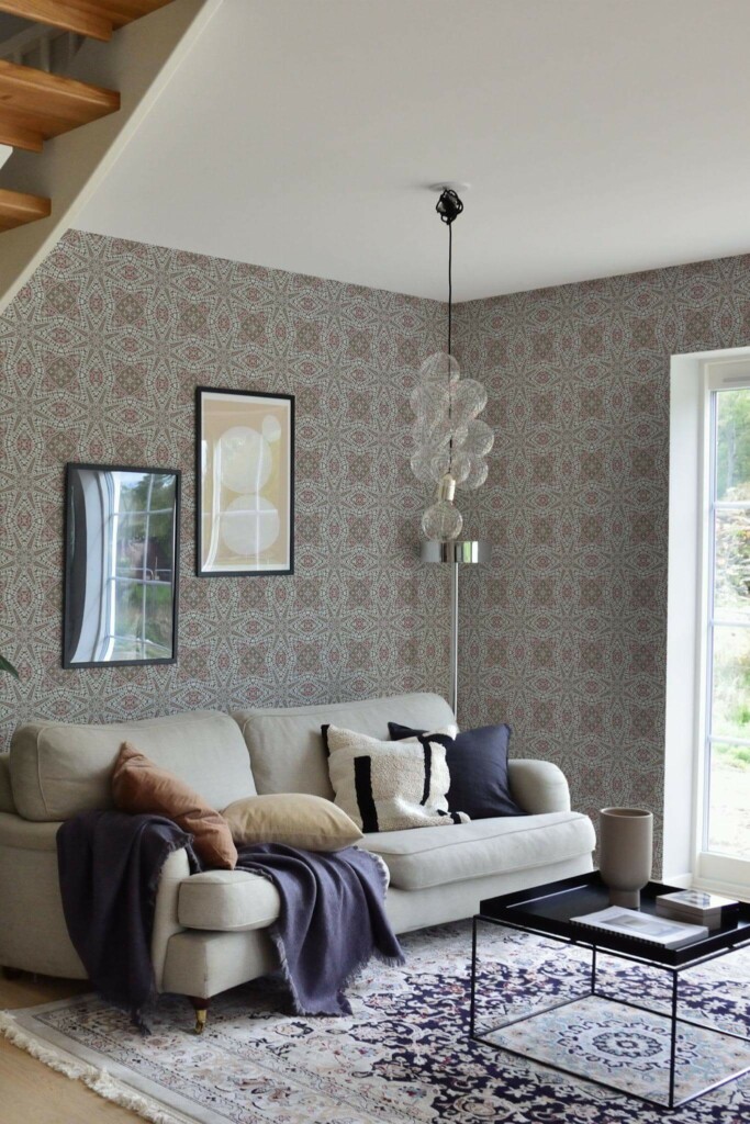 Contemporary style living room and kitchendecorated with Beige oriental geometric peel and stick wallpaper