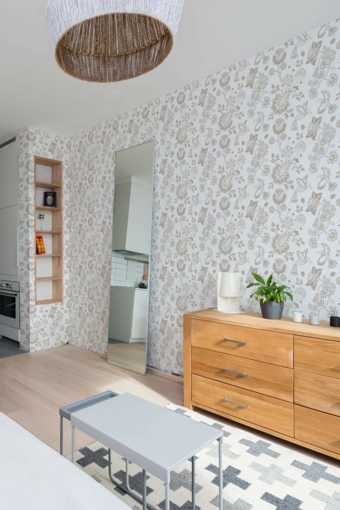 Scandinavian style small apartment decorated with Beige paisley peel and stick wallpaper