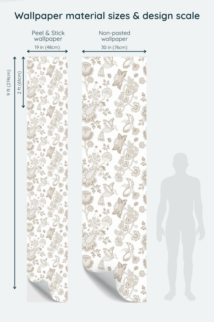 Size comparison of Beige paisley Peel & Stick and Non-pasted wallpapers with design scale relative to human figure