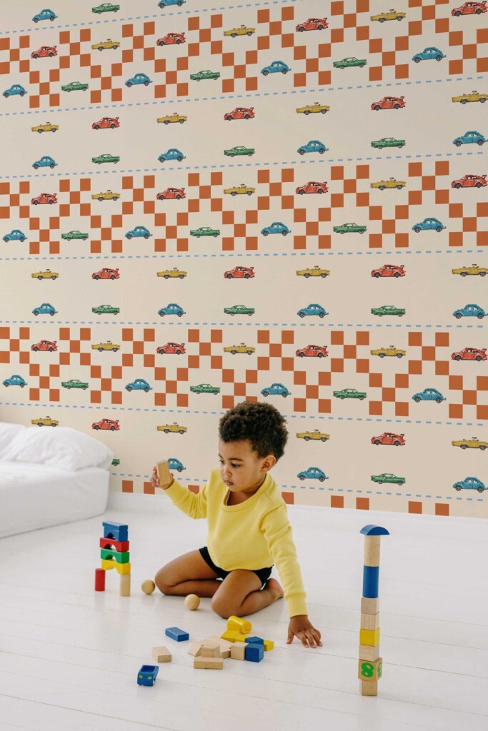 Fancy Walls self-adhesive wallpaper with fun race car pattern on beige