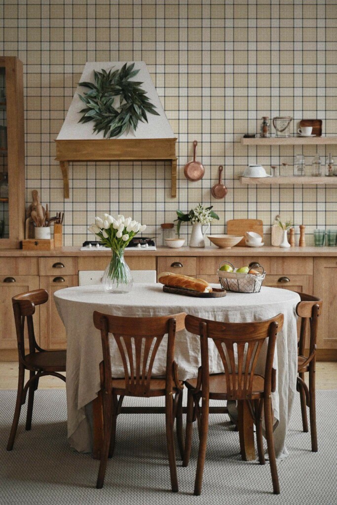Boho farmhouse style kitchen dining room decorated with Beige plaid peel and stick wallpaper
