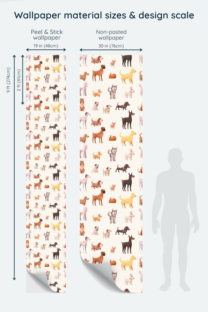 Size comparison of Beige Puppy Portraits Peel & Stick and Non-pasted wallpapers with design scale relative to human figure