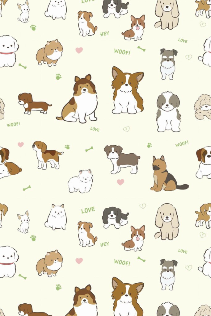 Pattern repeat of Beige Pups removable wallpaper design
