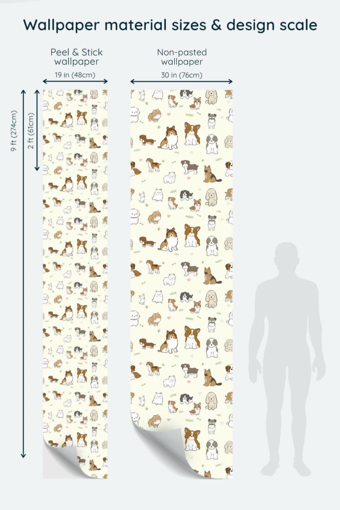 Size comparison of Beige Pups Peel & Stick and Non-pasted wallpapers with design scale relative to human figure
