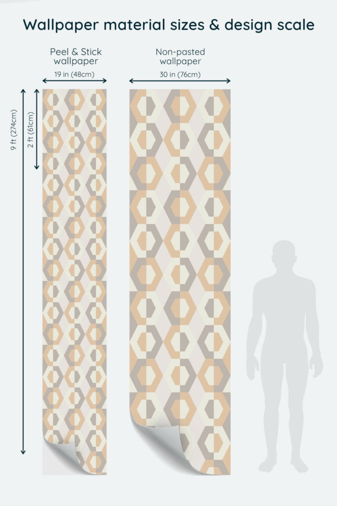 Size comparison of Beige retro hexagon Peel & Stick and Non-pasted wallpapers with design scale relative to human figure