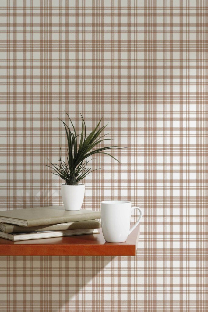Scandinavian style accent wall decorated with Beige seamless plaid peel and stick wallpaper