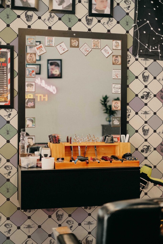 Fancy Walls removable wallpaper with beige skull design for barber shop walls