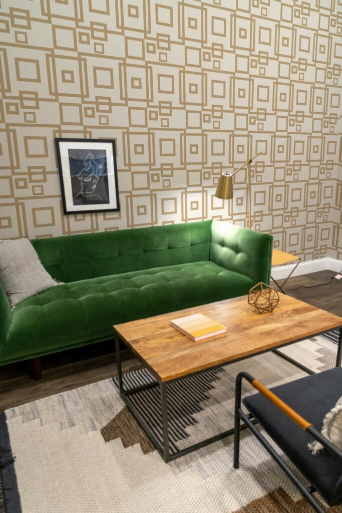 Mid-century modern living room decorated with Beige square peel and stick wallpaper and forest green sofa
