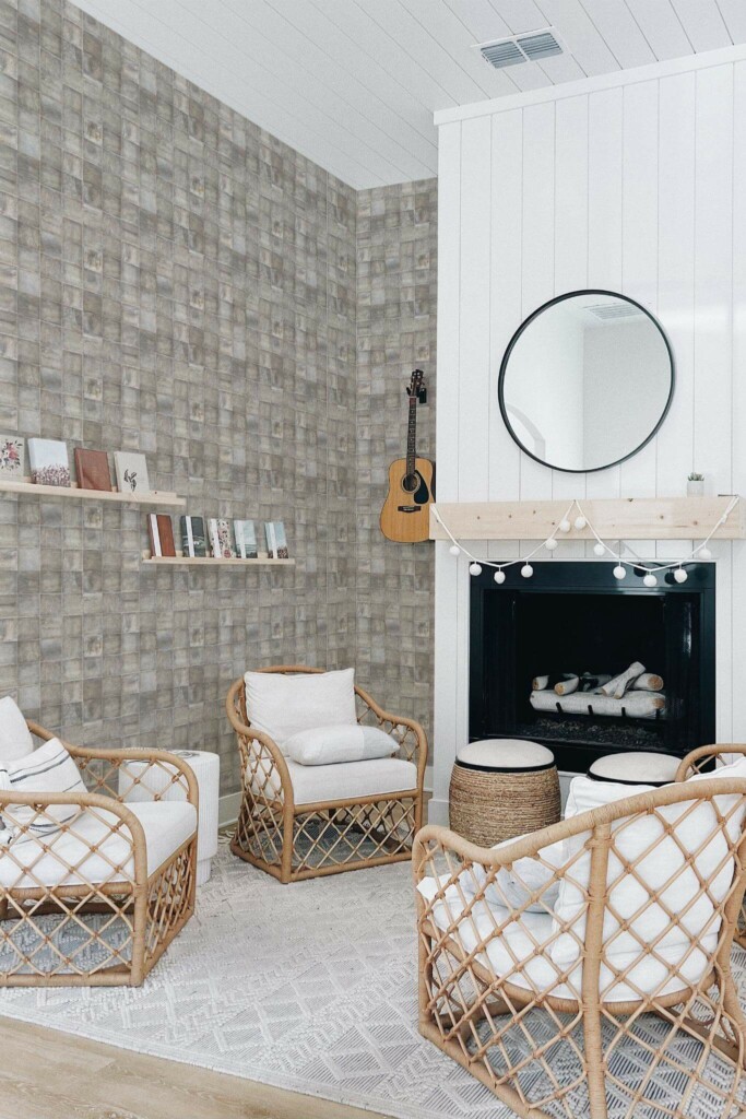 Minimal bohemian style living room decorated with Beige stone tile peel and stick wallpaper