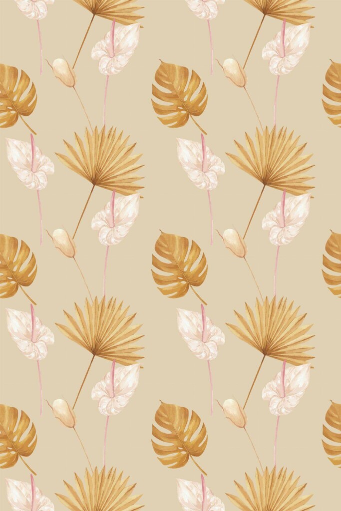 Pattern repeat of Beige tropical leaf removable wallpaper design