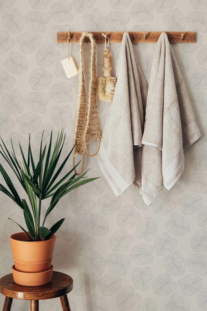 Boho style bathroom decorated with Beige tropical leaf peel and stick wallpaper