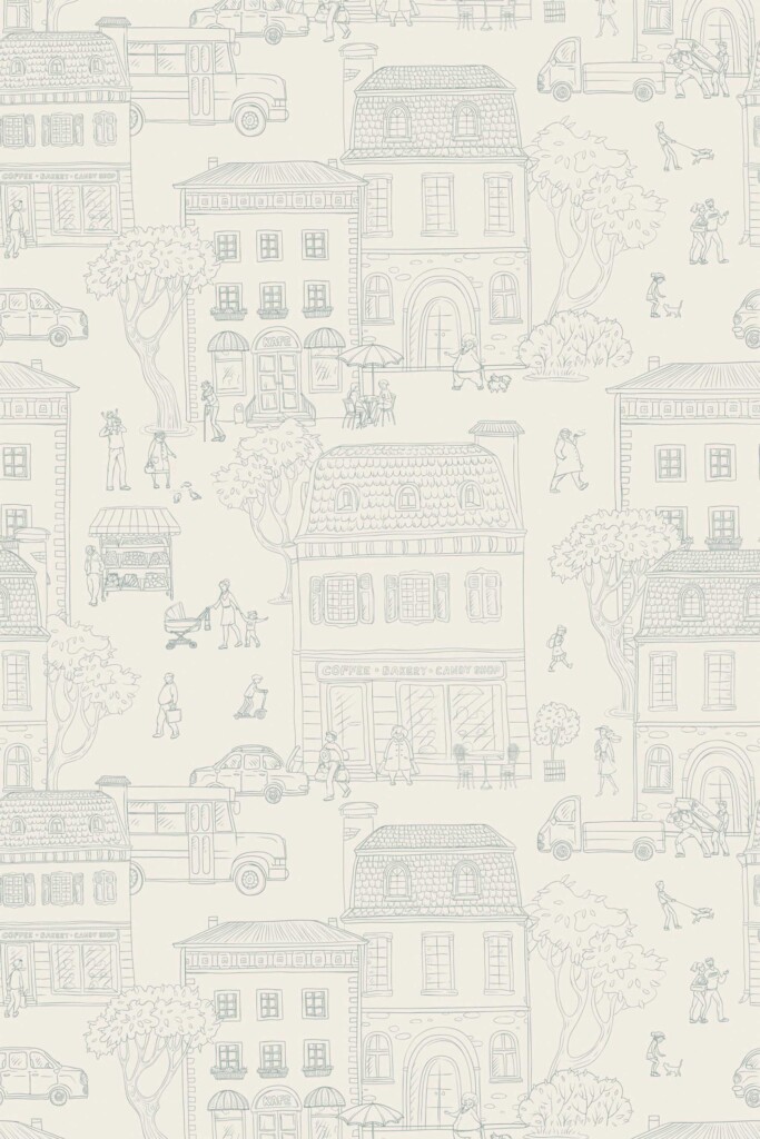 A detailed close-up of the city-themed wallpaper in beige, showcasing sketched buildings, trees, and tiny figures. The seamless pattern brings playful yet subtle charm to bakery walls or family dining rooms. Ideal for neutral and fun interior styles, this Fancy Walls wallpaper complements traditional, eclectic, or soft contemporary spaces.