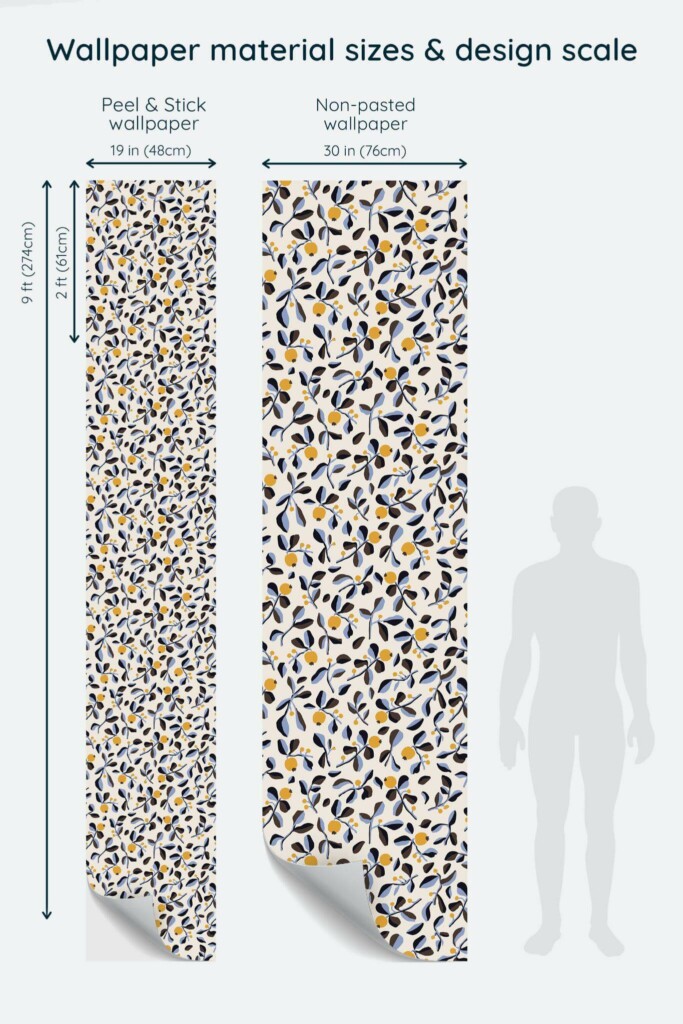 Size comparison of Berry autumn Peel & Stick and Non-pasted wallpapers with design scale relative to human figure