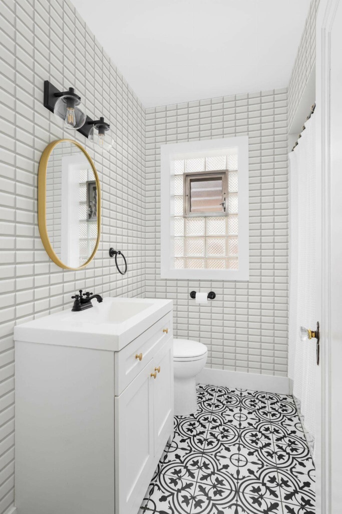 Minimal style bathroom decorated with Beveled tile peel and stick wallpaper
