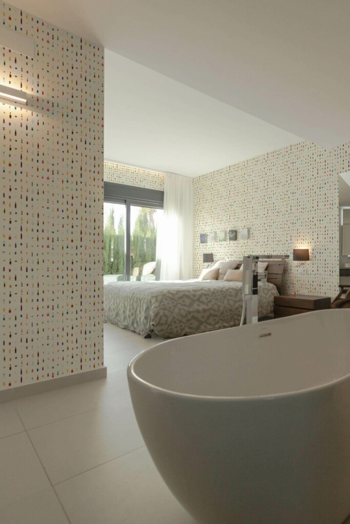 Modern style bedroom with open bathroom decorated with Beverages peel and stick wallpaper
