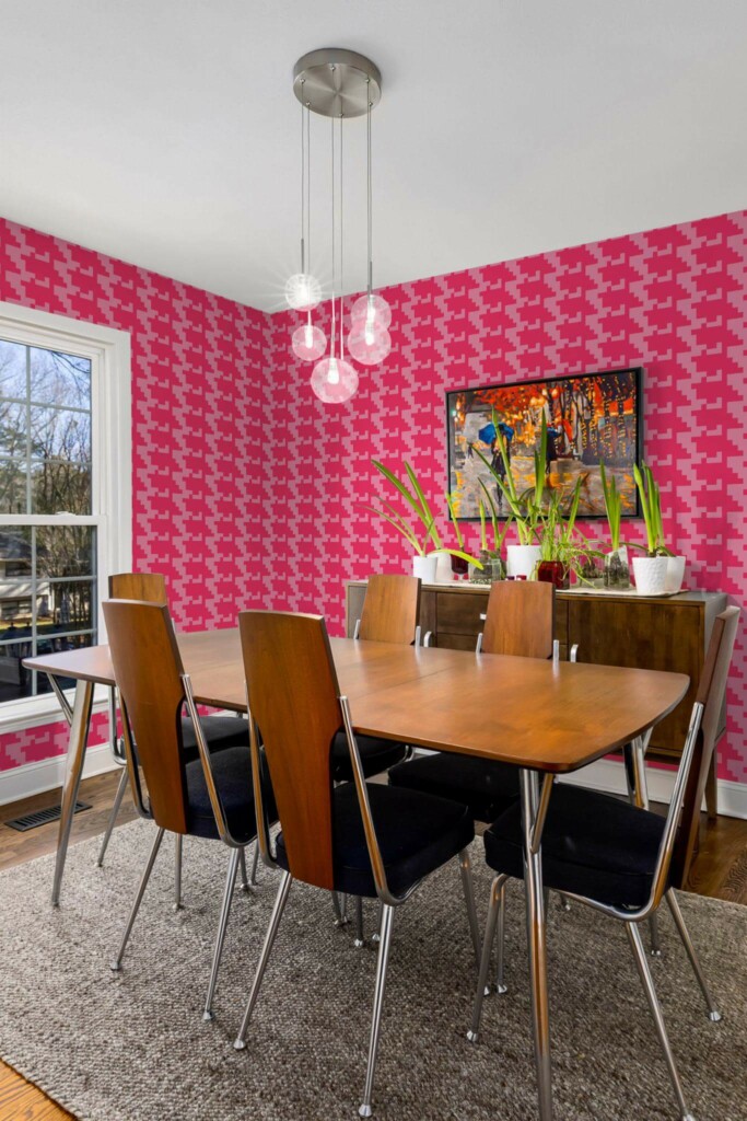 MId-century modern style dining room decorated with Big houndstooth peel and stick wallpaper