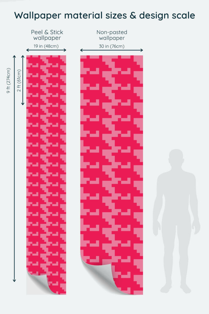 Size comparison of Big houndstooth Peel & Stick and Non-pasted wallpapers with design scale relative to human figure
