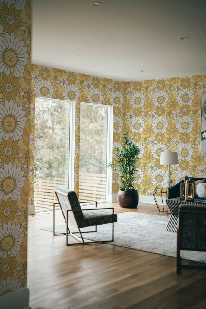 Modern style living room decorated with Big retro flowers peel and stick wallpaper