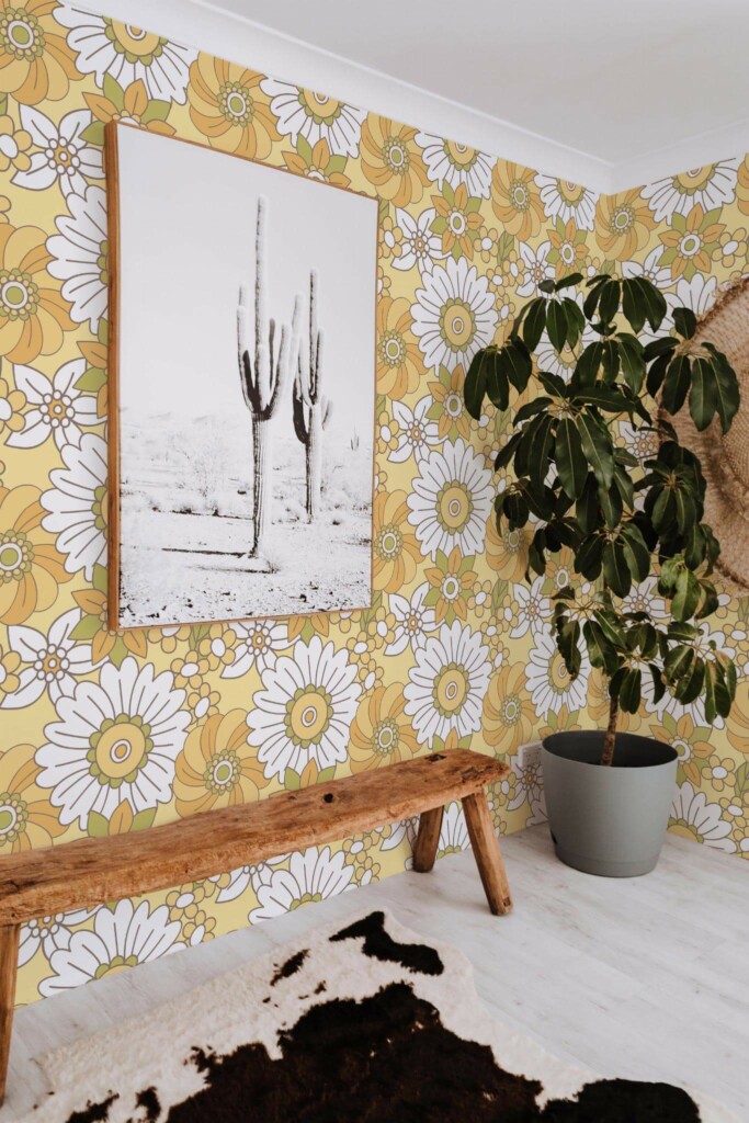 Scandinavian style entryway decorated with Big retro flowers peel and stick wallpaper