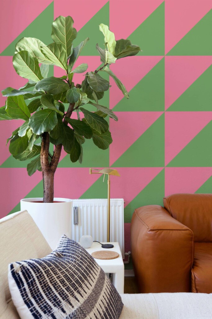 Mid-century style living room decorated with Big triangles peel and stick wallpaper