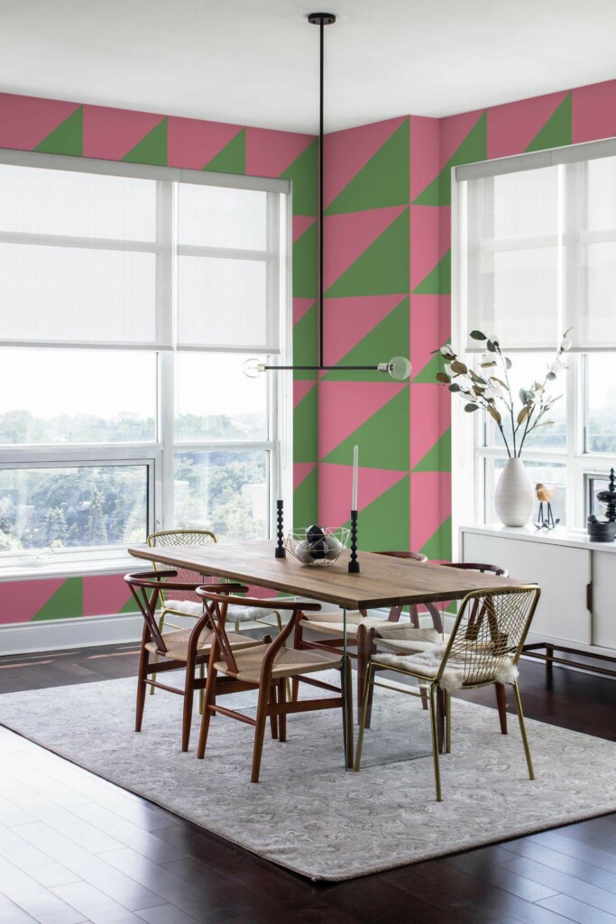 Modern minimalist style dining room decorated with Big triangles peel and stick wallpaper